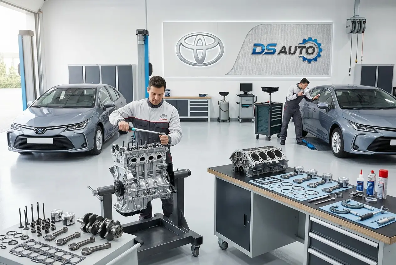 Процесс капитального ремонта двигателя Toyota в автосервисе DS Auto, Жуковский. Мастер проверяет состояние двигателя на специальном оборудовании.