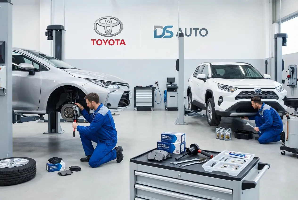 Процесс замены передних тормозных колодок Toyota в автосервисе DS Auto в Жуковском
