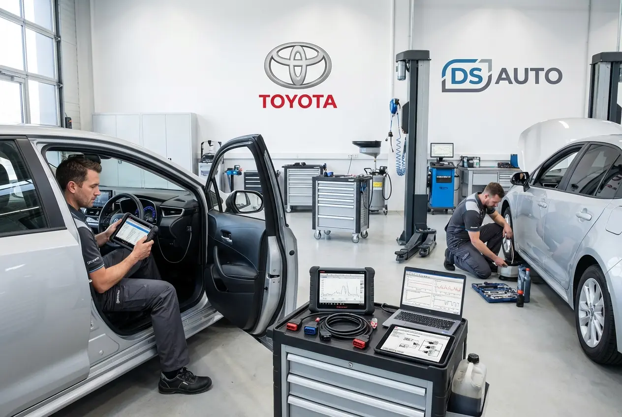 Диагностическое оборудование подключено к автомобилю Toyota в автосервисе DS Auto Жуковский
